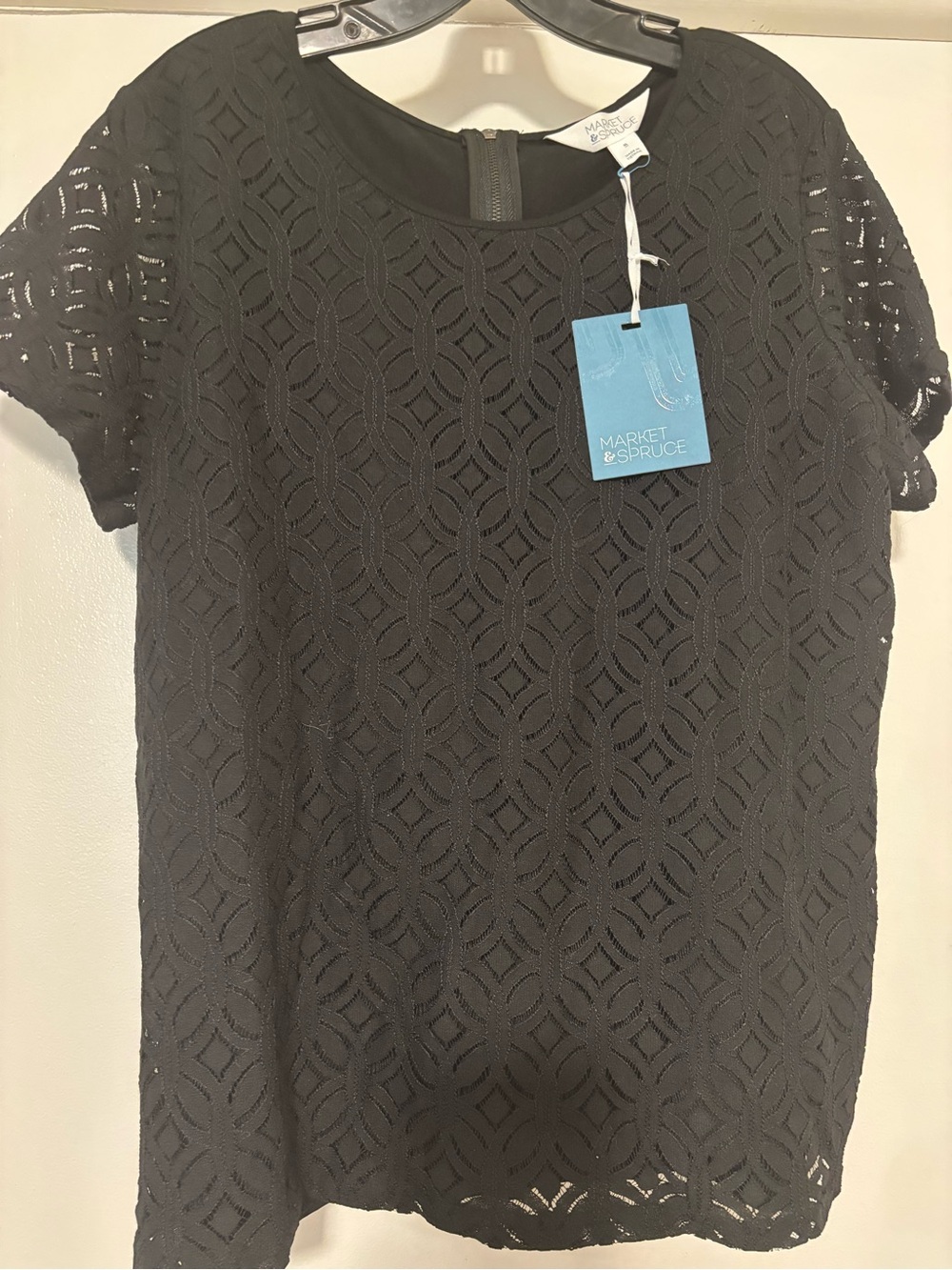 Market & Spruce Black Geometric Lace Short Sleeve Blouse